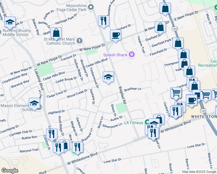map of restaurants, bars, coffee shops, grocery stores, and more near 1500 Timberwood Drive in Cedar Park