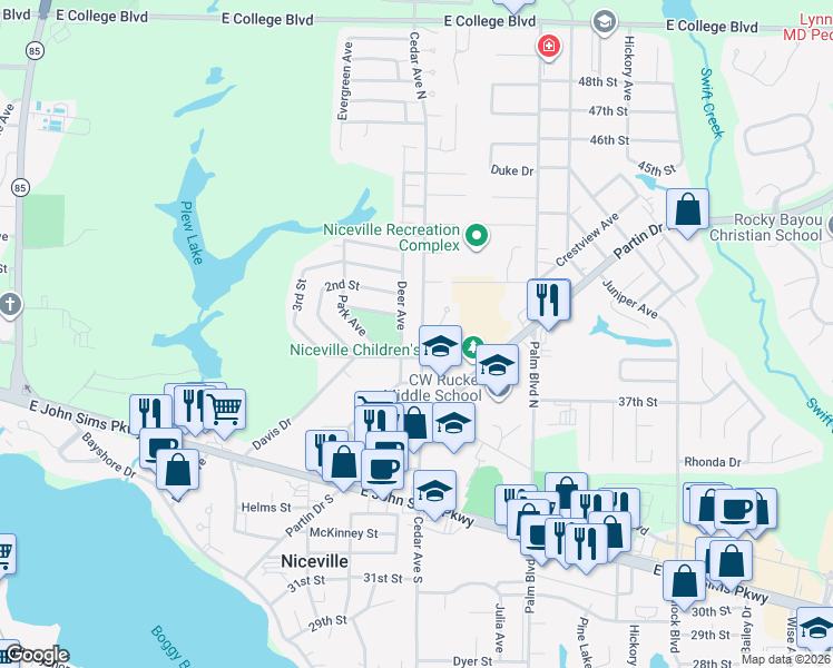 map of restaurants, bars, coffee shops, grocery stores, and more near 314 Cedar Avenue North in Niceville