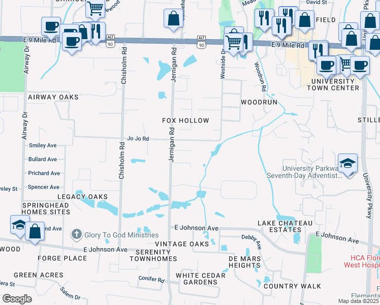map of restaurants, bars, coffee shops, grocery stores, and more near 44 Bennett Apartments in Pensacola