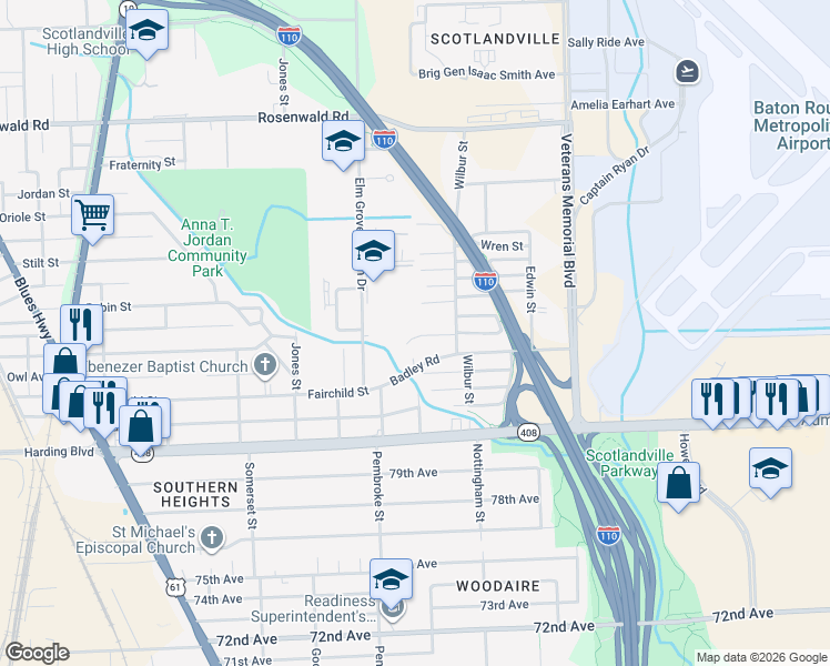 map of restaurants, bars, coffee shops, grocery stores, and more near 2545 Lark Street in Baton Rouge