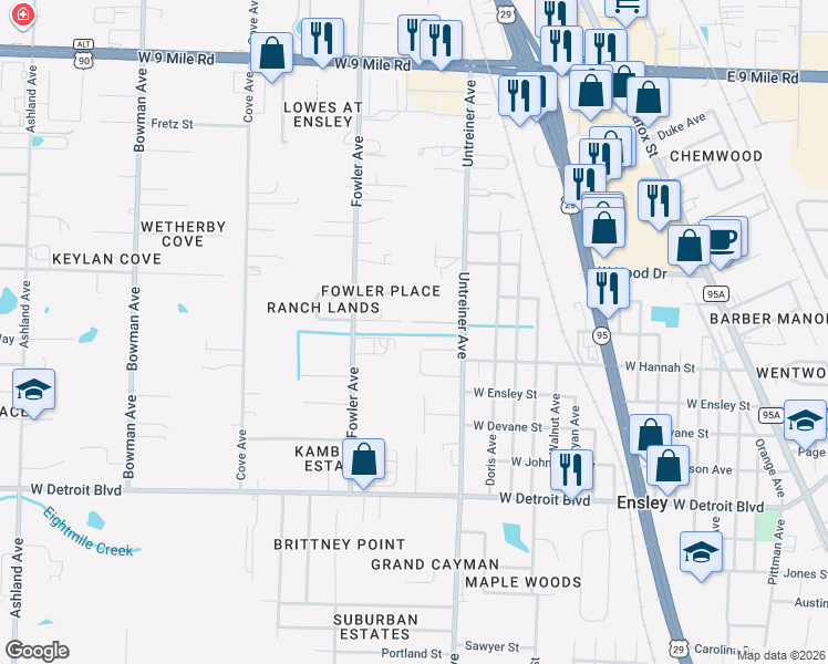 map of restaurants, bars, coffee shops, grocery stores, and more near 935 J E Boyd Lane in Pensacola