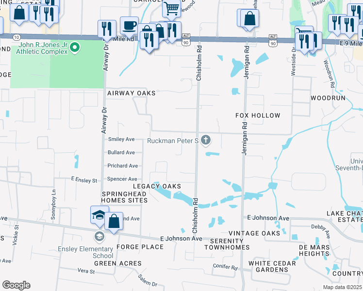 map of restaurants, bars, coffee shops, grocery stores, and more near 8825 Chisholm Road in Pensacola