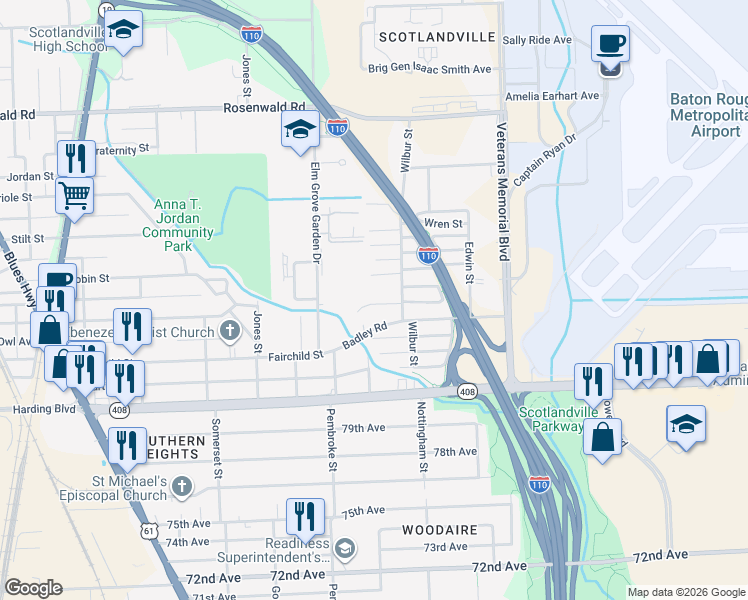map of restaurants, bars, coffee shops, grocery stores, and more near 2545 Lark Street in Baton Rouge