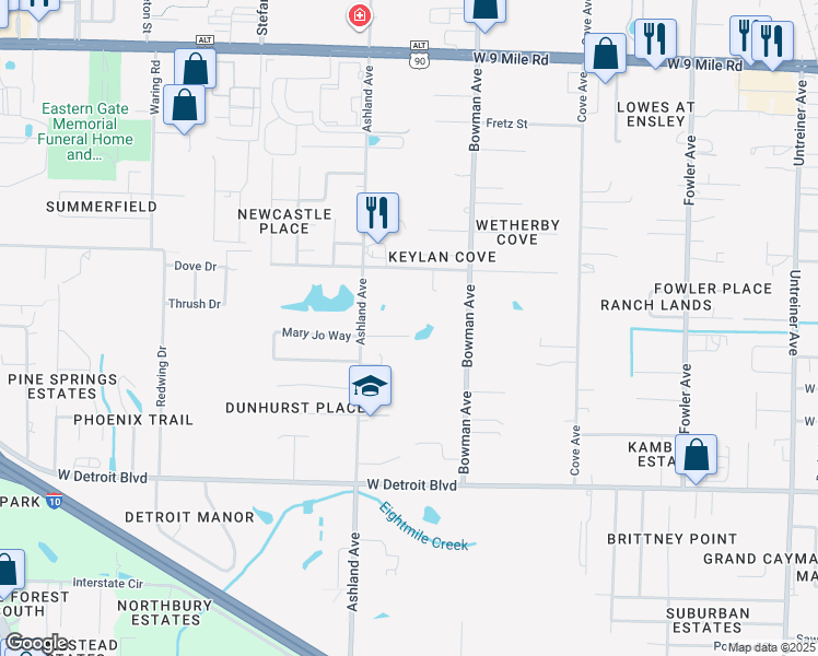 map of restaurants, bars, coffee shops, grocery stores, and more near 8732 Ashland Avenue in Pensacola