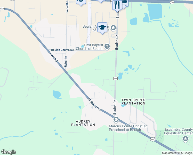 map of restaurants, bars, coffee shops, grocery stores, and more near 6133 Twenty One Oaks Drive in Pensacola