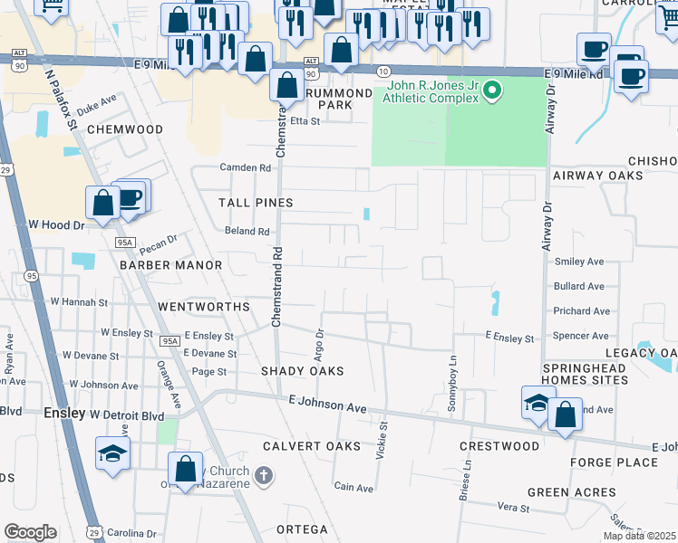 map of restaurants, bars, coffee shops, grocery stores, and more near 229 Barker Street in Pensacola