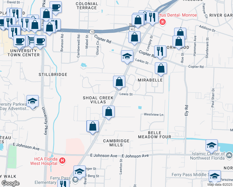 map of restaurants, bars, coffee shops, grocery stores, and more near 2500 Lewis Street in Pensacola