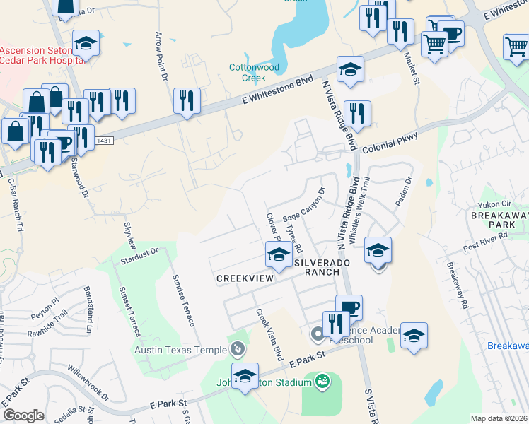 map of restaurants, bars, coffee shops, grocery stores, and more near 609 Clover Flat Road in Cedar Park
