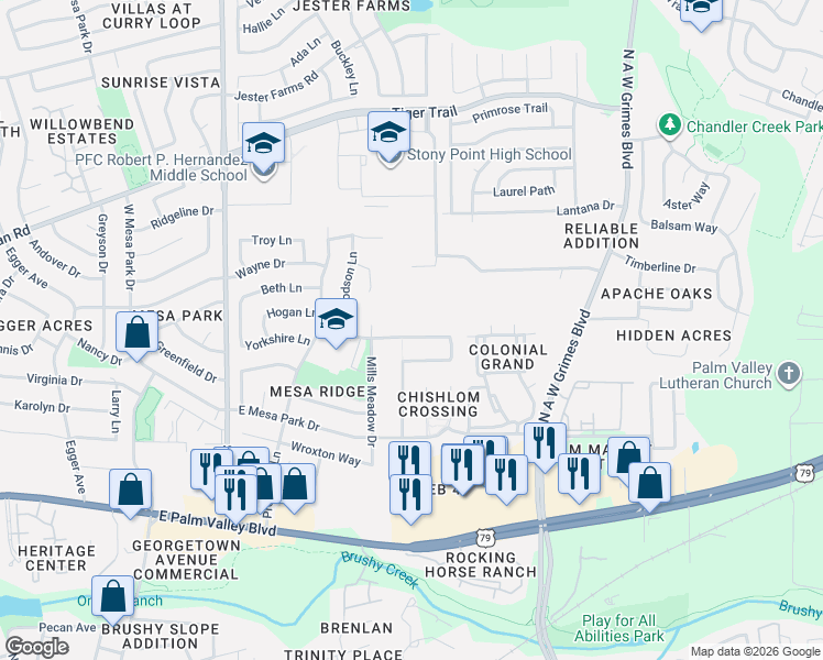 map of restaurants, bars, coffee shops, grocery stores, and more near 1628 Bayland Street in Round Rock