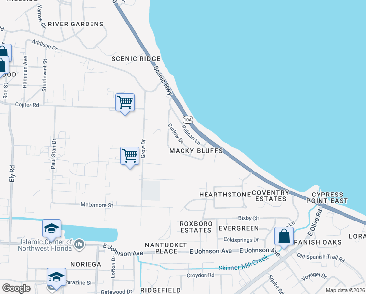 map of restaurants, bars, coffee shops, grocery stores, and more near 4079 Curlew Drive in Pensacola