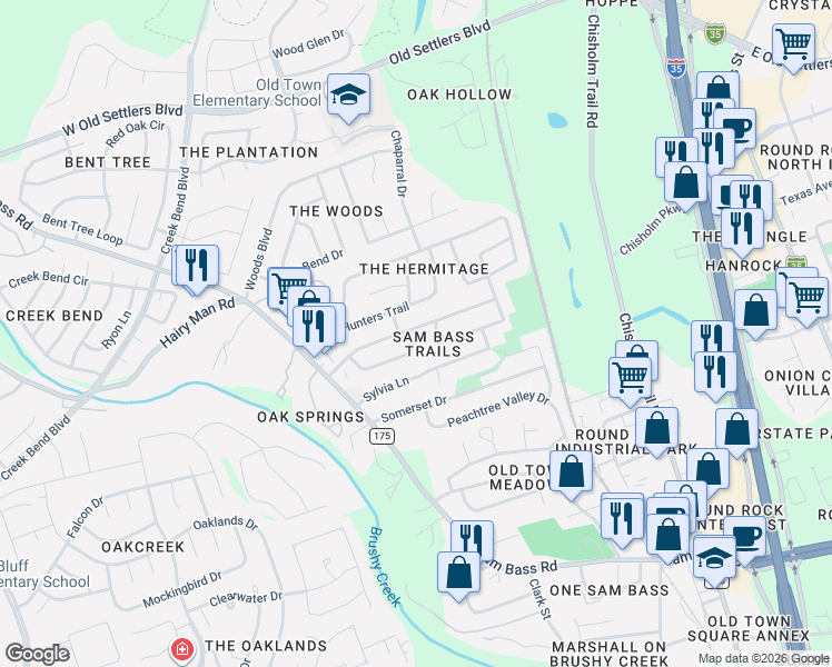 map of restaurants, bars, coffee shops, grocery stores, and more near 1702 Hollow Tree Boulevard in Round Rock