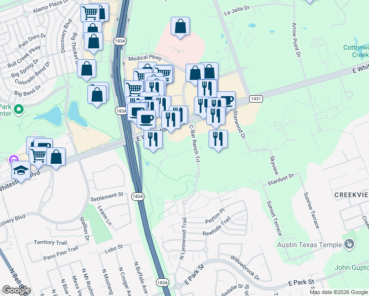 map of restaurants, bars, coffee shops, grocery stores, and more near 1350 East Whitestone Boulevard in Cedar Park