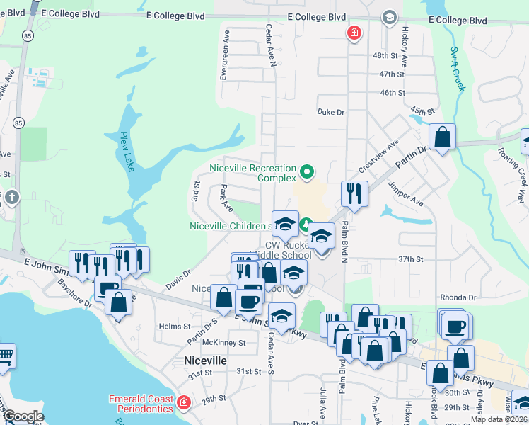 map of restaurants, bars, coffee shops, grocery stores, and more near 314 Cedar Avenue North in Niceville