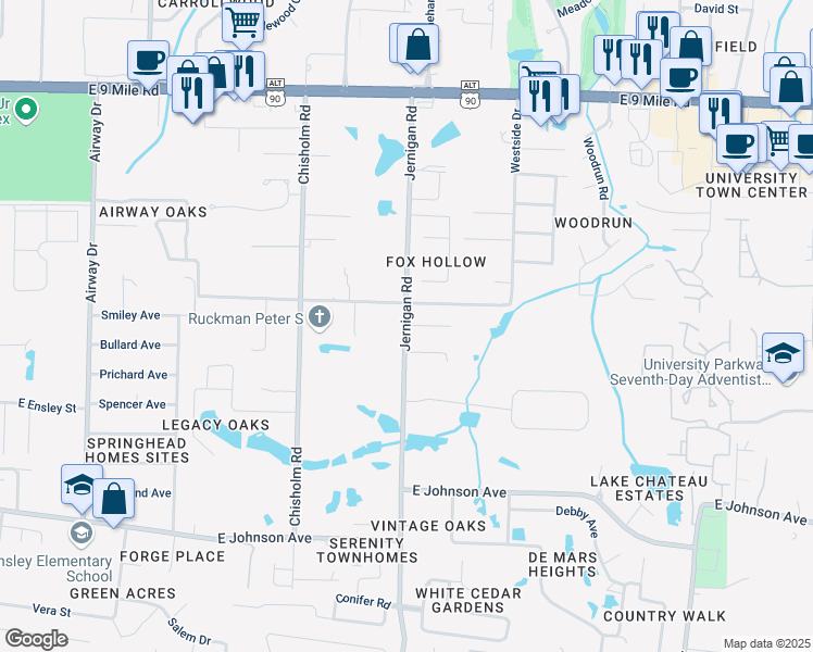 map of restaurants, bars, coffee shops, grocery stores, and more near 8640 Jernigan Road in Pensacola