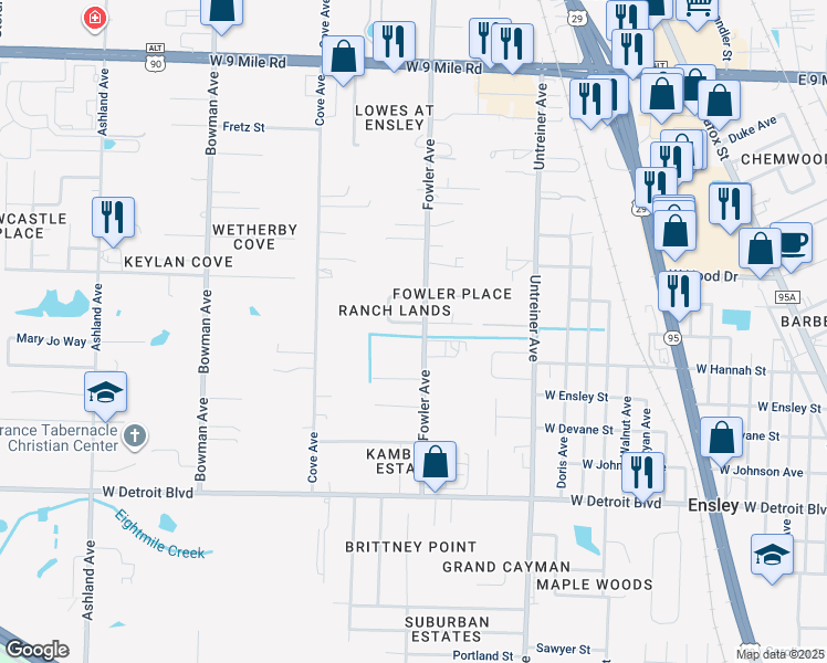 map of restaurants, bars, coffee shops, grocery stores, and more near 1020 Sagebrush Trail in Pensacola