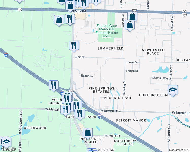 map of restaurants, bars, coffee shops, grocery stores, and more near 8775 Sharon Lane in Pensacola