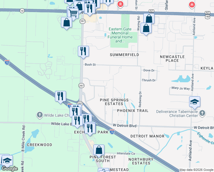 map of restaurants, bars, coffee shops, grocery stores, and more near 2271 Sparrow Lane in Pensacola