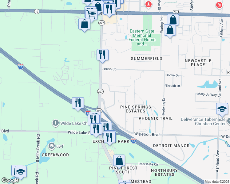 map of restaurants, bars, coffee shops, grocery stores, and more near 8801-8803 Sharon Lane in Pensacola