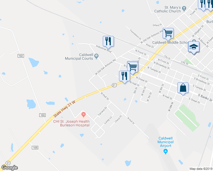 map of restaurants, bars, coffee shops, grocery stores, and more near 1608 Texas 21 in Caldwell