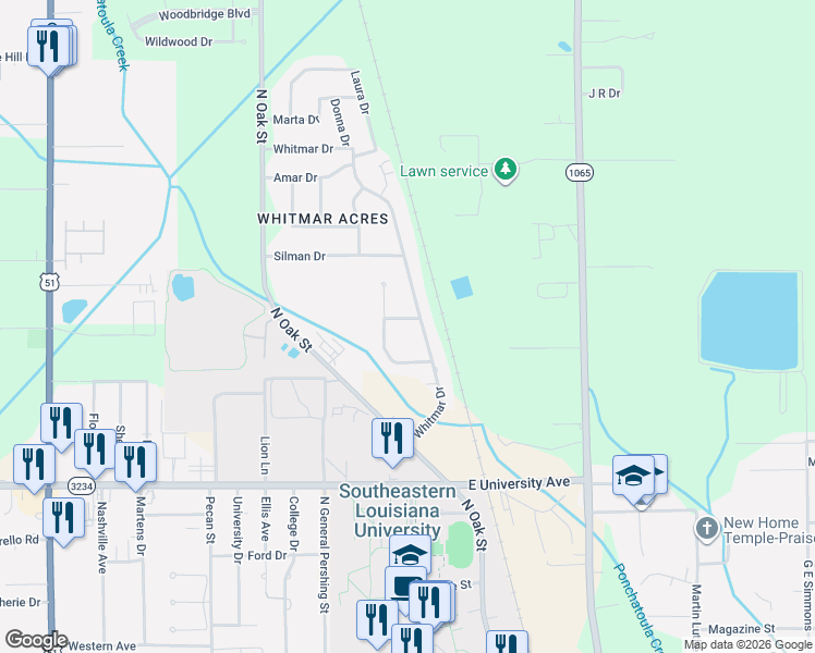 map of restaurants, bars, coffee shops, grocery stores, and more near 32 Whitmar Drive in Hammond