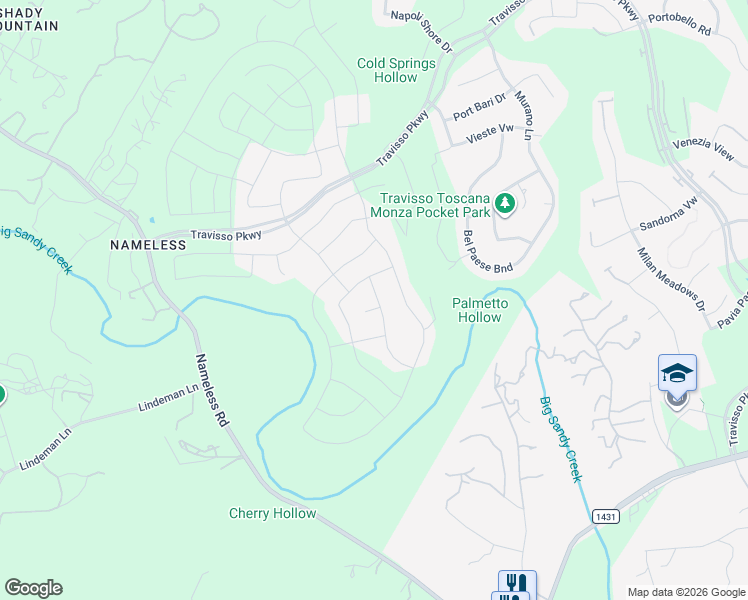 map of restaurants, bars, coffee shops, grocery stores, and more near Nameless Ranch Road in Leander