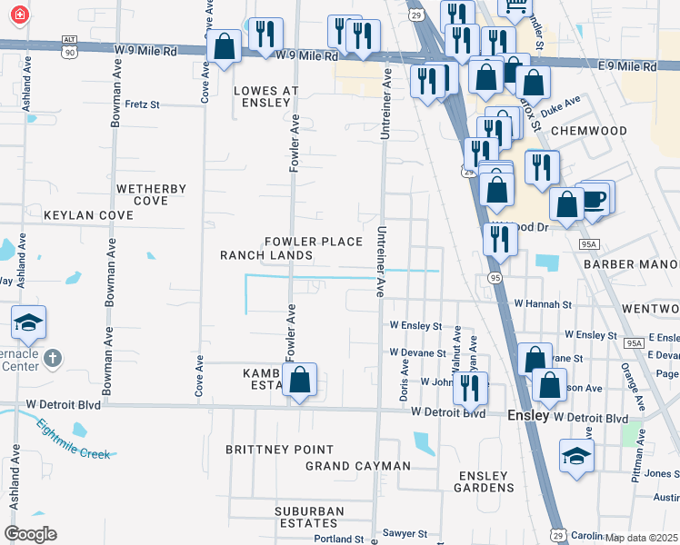 map of restaurants, bars, coffee shops, grocery stores, and more near 935 J E Boyd Lane in Pensacola