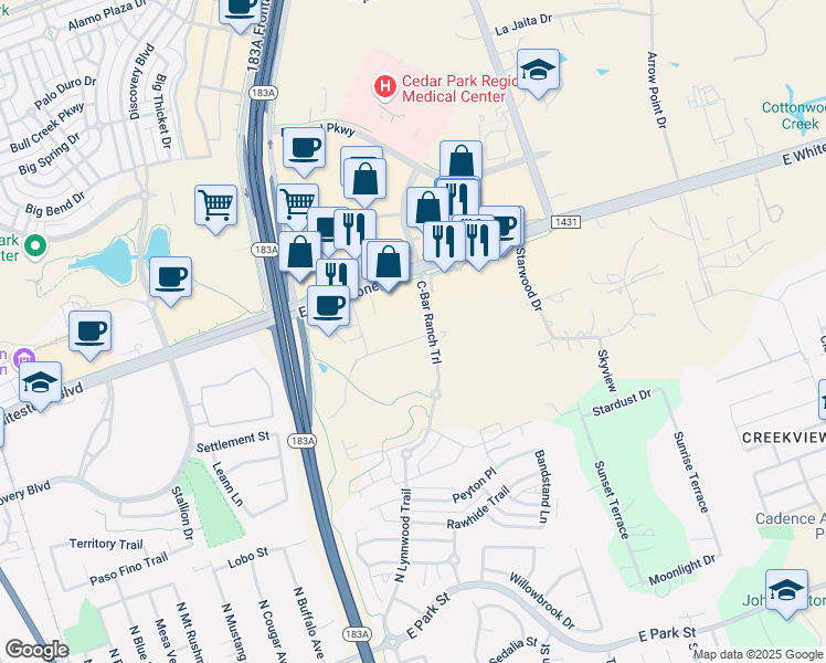 map of restaurants, bars, coffee shops, grocery stores, and more near 900 Spanish Oak Street in Cedar Park