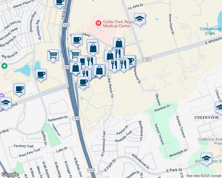 map of restaurants, bars, coffee shops, grocery stores, and more near 900 Spanish Oak Street in Cedar Park