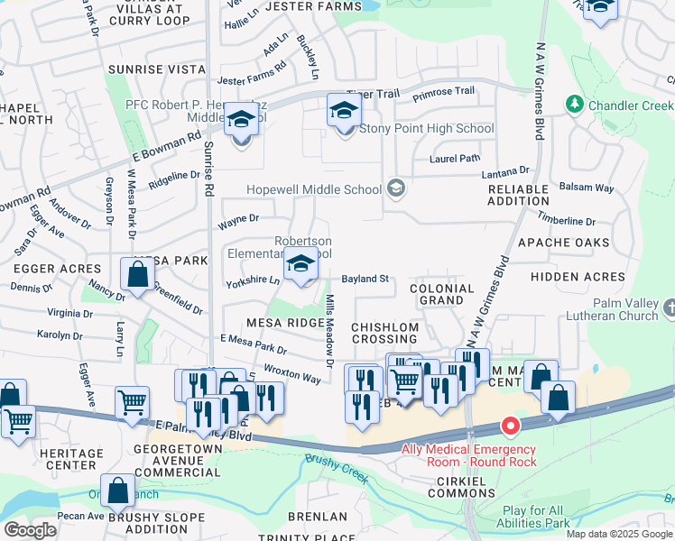 map of restaurants, bars, coffee shops, grocery stores, and more near 1603 Mills Meadow Drive in Round Rock