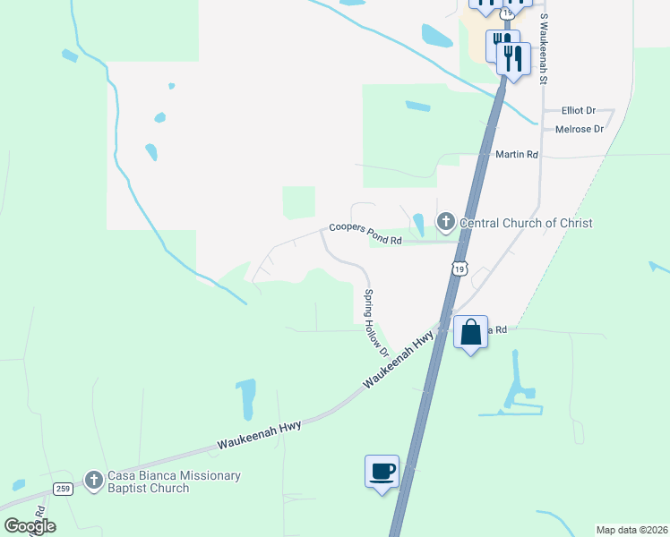 map of restaurants, bars, coffee shops, grocery stores, and more near 1515 Spring Hollow Drive in Monticello