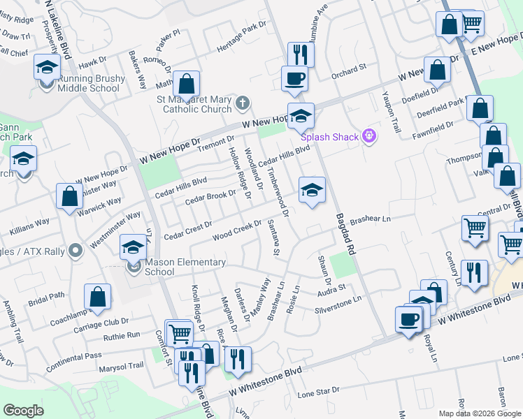 map of restaurants, bars, coffee shops, grocery stores, and more near 1700 Hollow Ridge Drive in Cedar Park