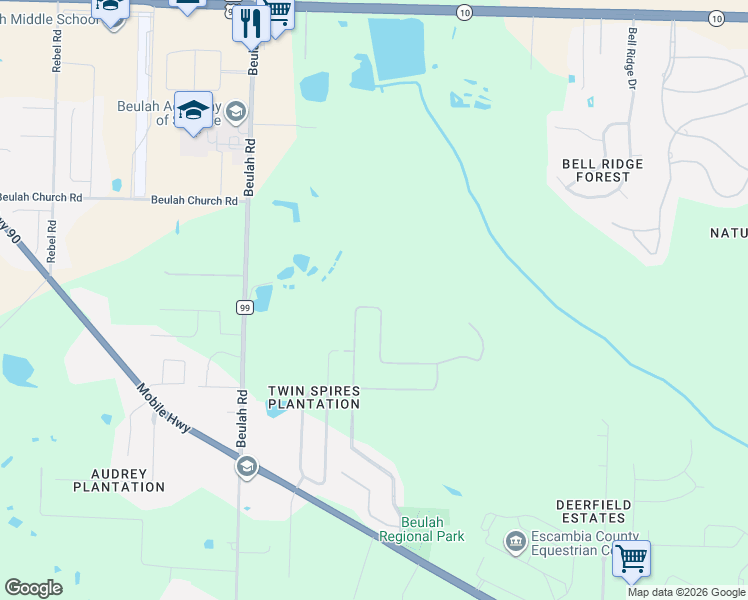 map of restaurants, bars, coffee shops, grocery stores, and more near 5947 Huntington Creek Boulevard in Pensacola