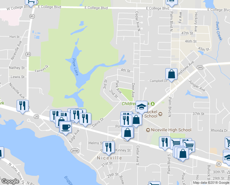 map of restaurants, bars, coffee shops, grocery stores, and more near 114 2nd Street in Niceville