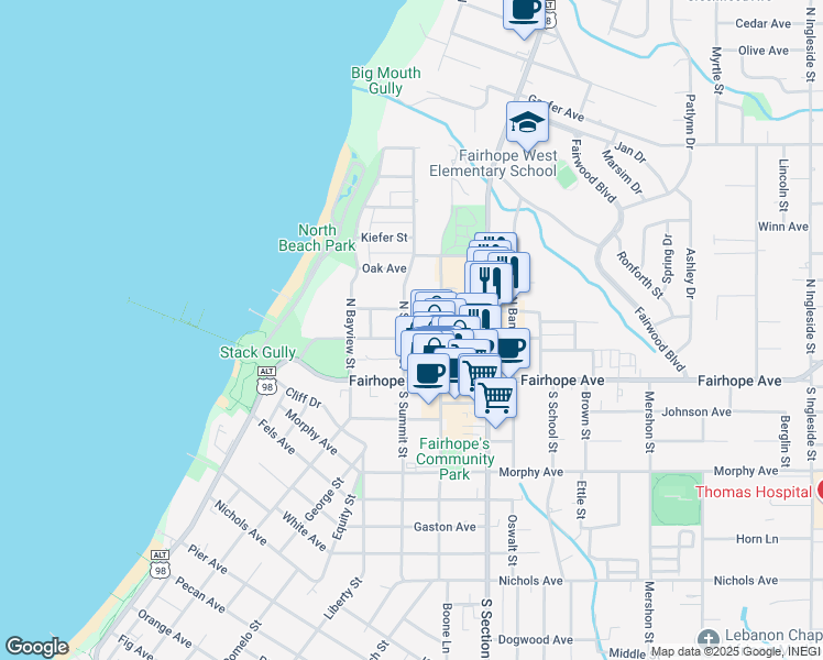 map of restaurants, bars, coffee shops, grocery stores, and more near 201 Magnolia Avenue in Fairhope
