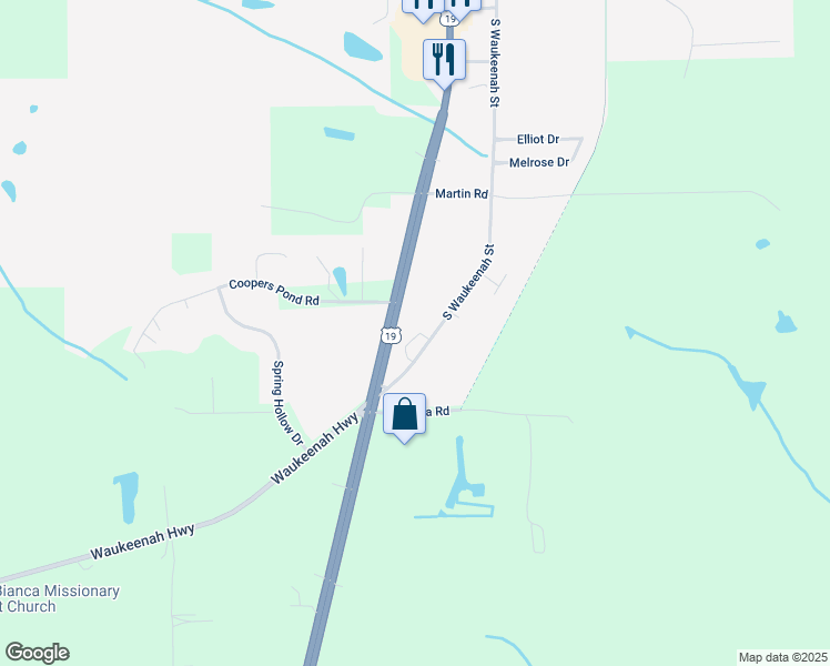 map of restaurants, bars, coffee shops, grocery stores, and more near 328-338 South Waukeenah Street in Monticello