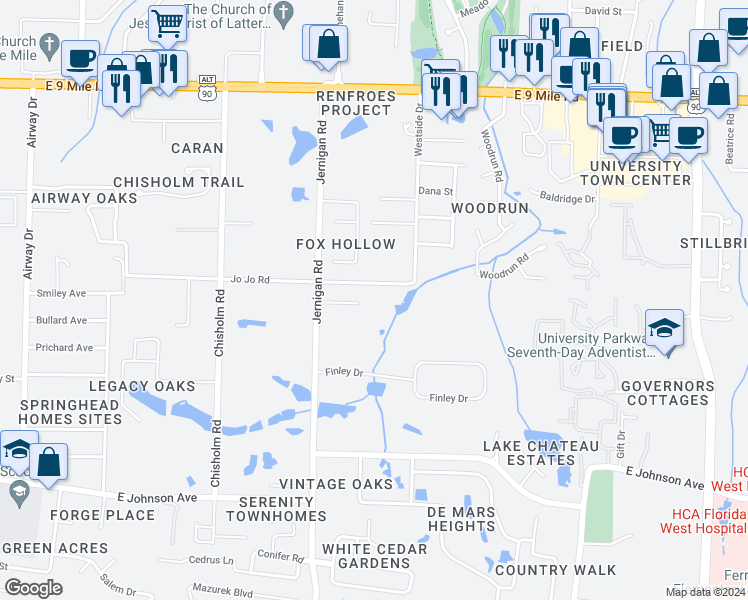 map of restaurants, bars, coffee shops, grocery stores, and more near 44 Bennett Apartments in Pensacola