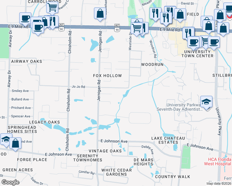map of restaurants, bars, coffee shops, grocery stores, and more near 44 Bennett Apartments in Pensacola