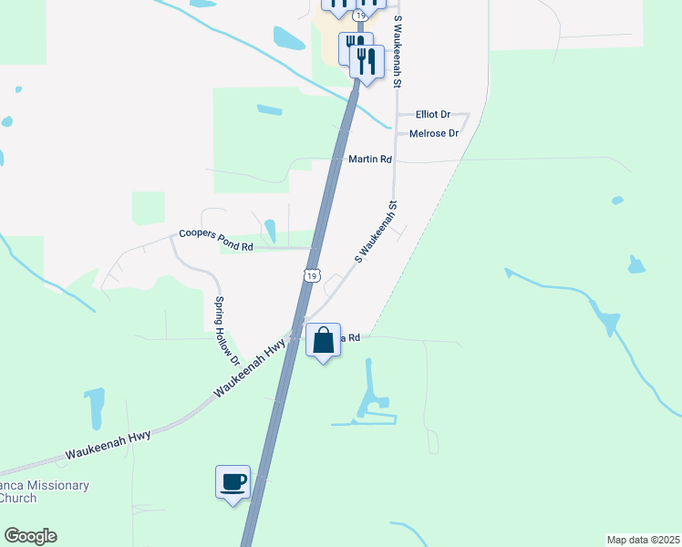 map of restaurants, bars, coffee shops, grocery stores, and more near 328 South Waukeenah Street in Monticello