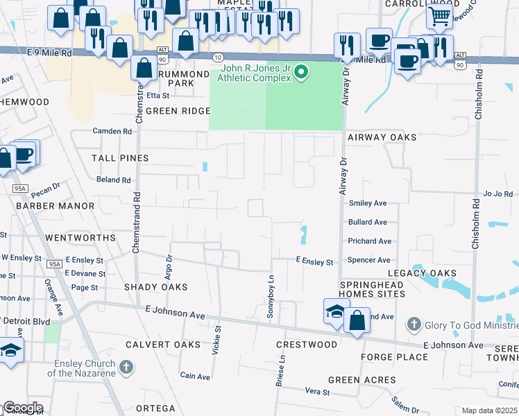 map of restaurants, bars, coffee shops, grocery stores, and more near 8810 Sonnyboy Lane in Pensacola