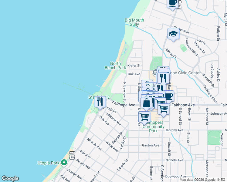 map of restaurants, bars, coffee shops, grocery stores, and more near Fairhope Park Road in Fairhope