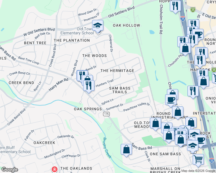 map of restaurants, bars, coffee shops, grocery stores, and more near 1702 Hollow Tree Boulevard in Round Rock