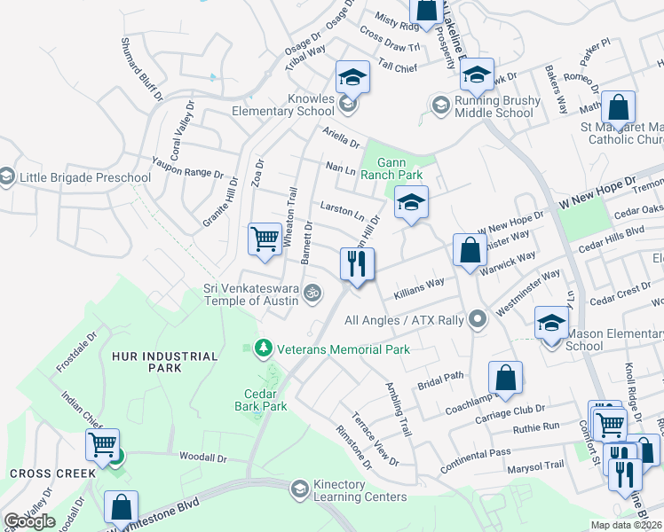 map of restaurants, bars, coffee shops, grocery stores, and more near 2202 Darnell Drive in Cedar Park