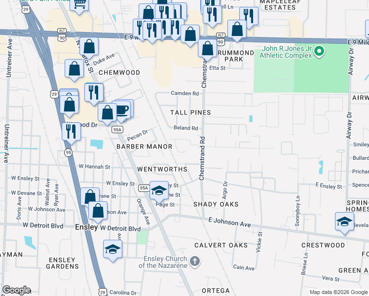 map of restaurants, bars, coffee shops, grocery stores, and more near 8700 Chemstrand Road in Pensacola
