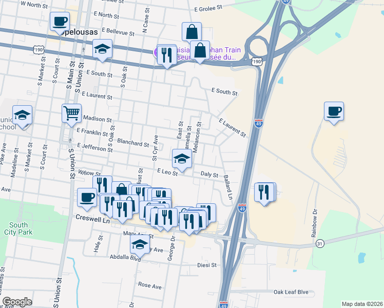 map of restaurants, bars, coffee shops, grocery stores, and more near 700-898 Melancon Street in Opelousas