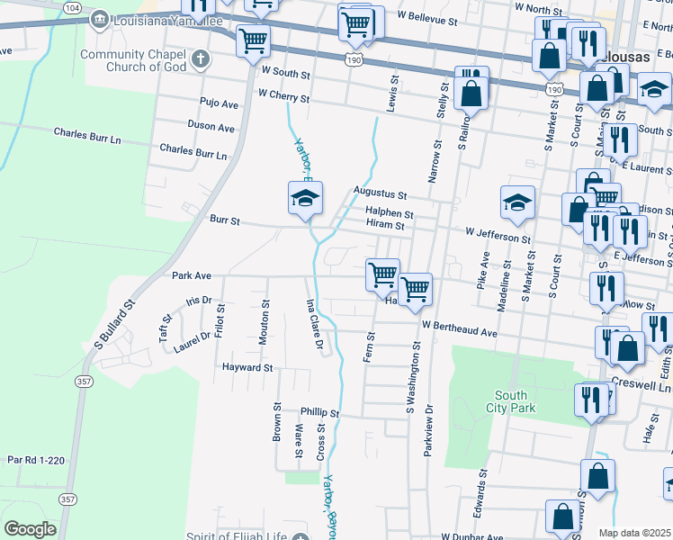 map of restaurants, bars, coffee shops, grocery stores, and more near 801-899 Park Circle in Opelousas