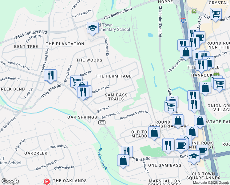 map of restaurants, bars, coffee shops, grocery stores, and more near 1509 Hollow Tree Boulevard in Round Rock
