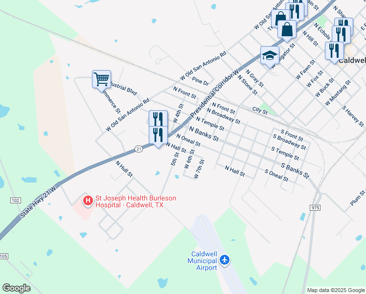 map of restaurants, bars, coffee shops, grocery stores, and more near 604 North Hall Street in Caldwell