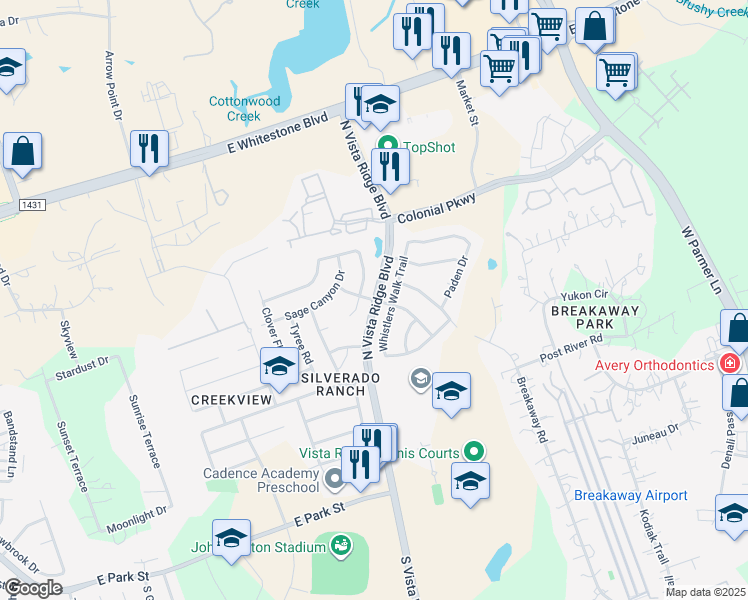 map of restaurants, bars, coffee shops, grocery stores, and more near North Vista Ridge Boulevard in Cedar Park