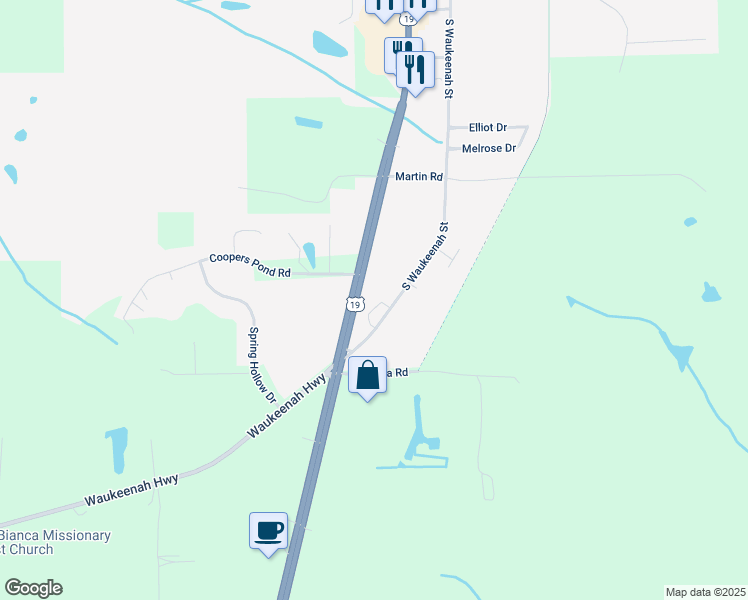 map of restaurants, bars, coffee shops, grocery stores, and more near 1468 South Waukeenah Street in Monticello