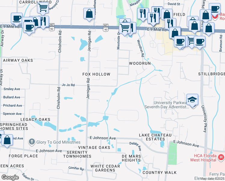 map of restaurants, bars, coffee shops, grocery stores, and more near 8650 Jernigan Road in Pensacola